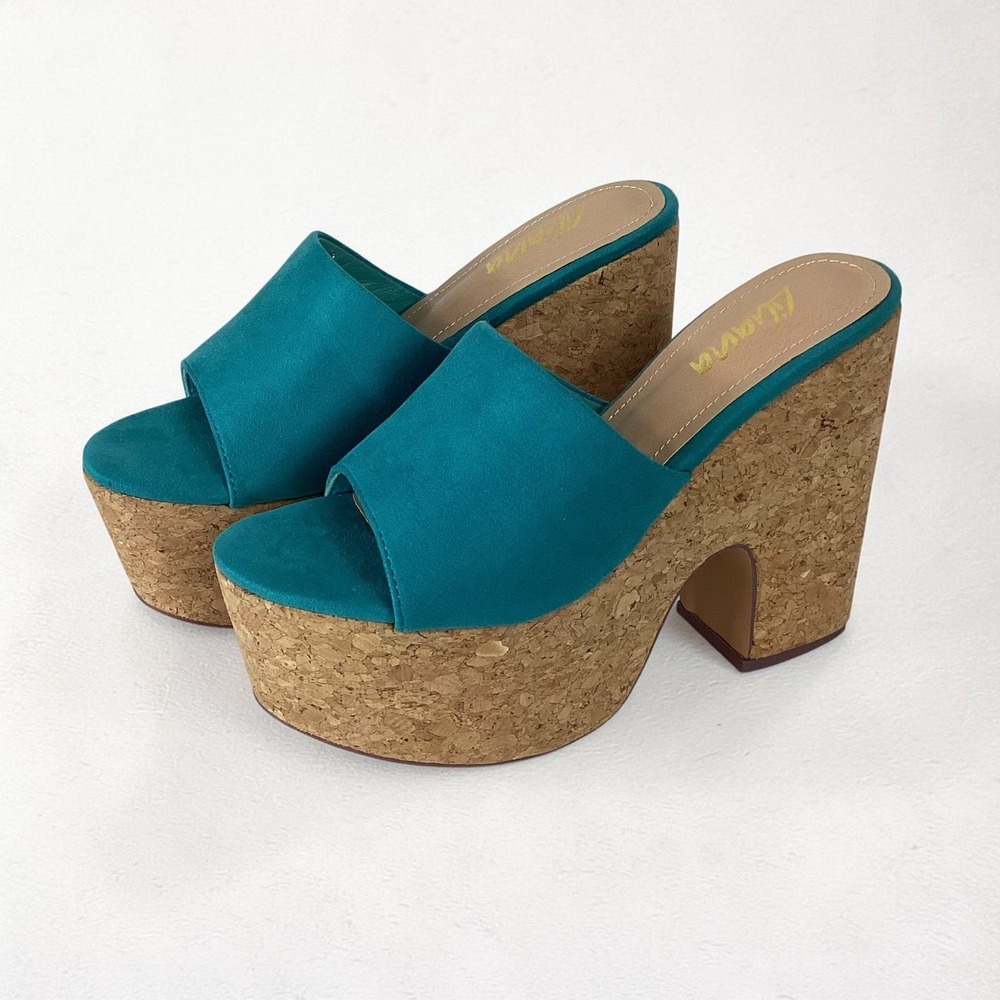 Liliana Teal Blue Cork Platform Sandals Chunky Heel Slide Mules Size 8